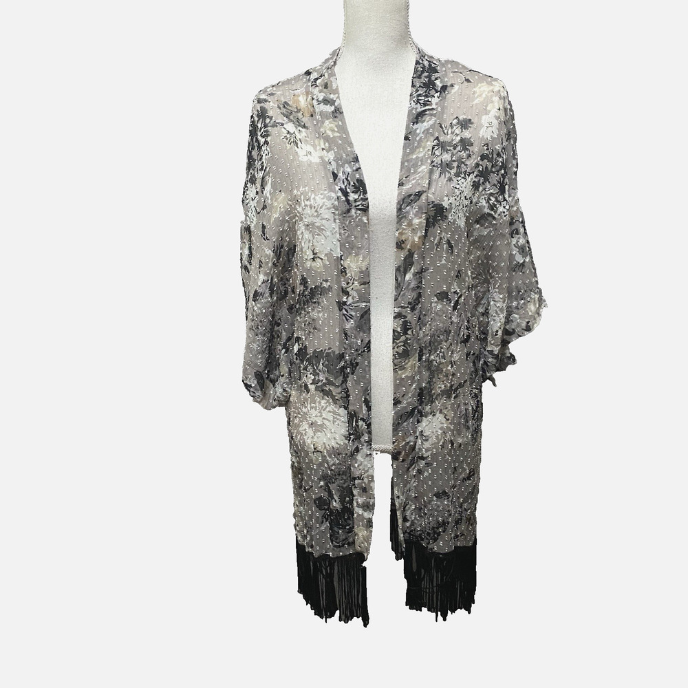 Cejon Kimono Beach Coverup Sz OS Gray Black Floral Fringe Semi‎ Sheer